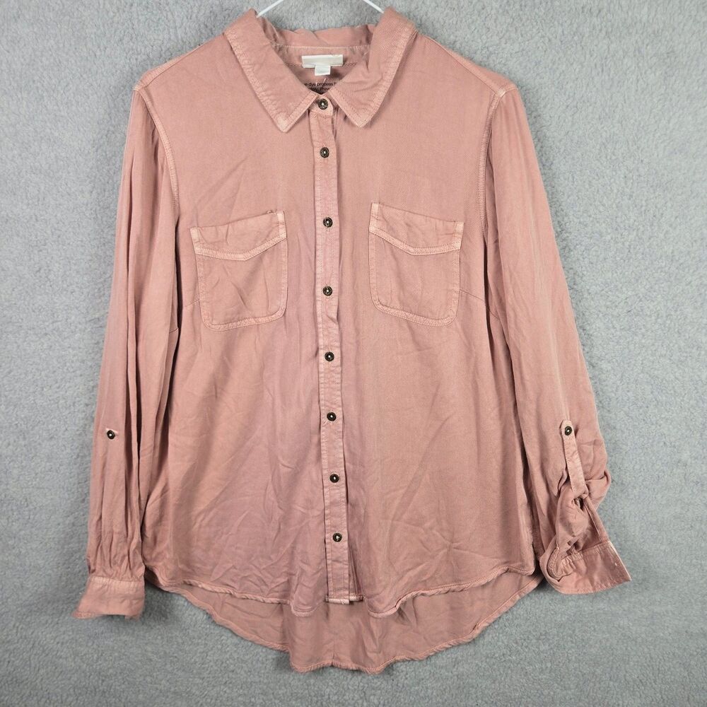 Westport 1962 Womens Size L Pink Button Down Roll Tab Sleeve High Low Shirt Top